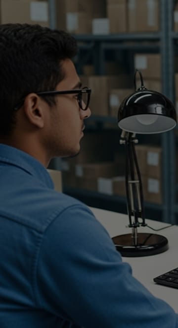 Homem usando computados, com caixas ao fundo, ilustrando a eficiência operacional de cargas. Eficiência operacional de cargas